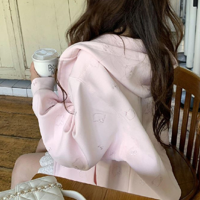 刺绣kitty猫粉色开衫外套女秋季薄款宽松慵懒设计感拉链连帽卫衣