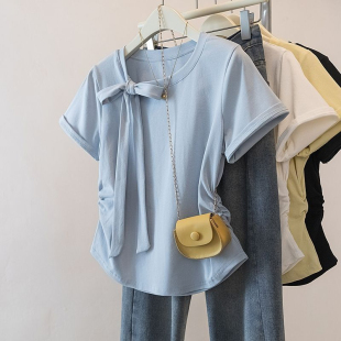 掐腰抽褶显瘦T恤 上衣女夏季 胖妹妹200斤大码 别致好看系带正肩短袖