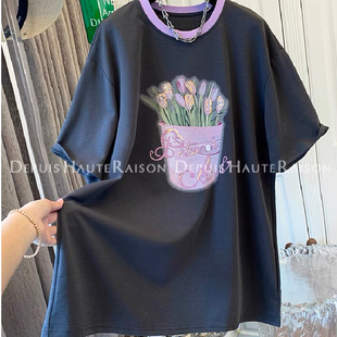 欧洲站240斤大码刺绣郁金香短袖上衣女夏季宽松亮片胖妹妹显瘦T恤