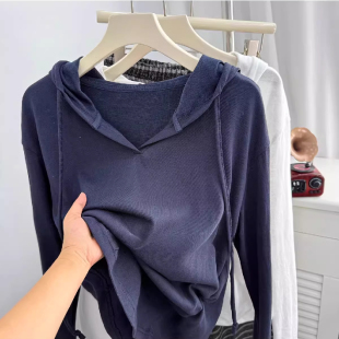 女春季 T恤衫 宽松上衣 韩系chic休闲麻感棉连帽长袖 胖妹妹200斤大码