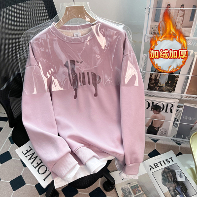 美式重磅400g假两件圆领无帽卫衣女秋冬刺绣加绒加厚保暖宽松上衣