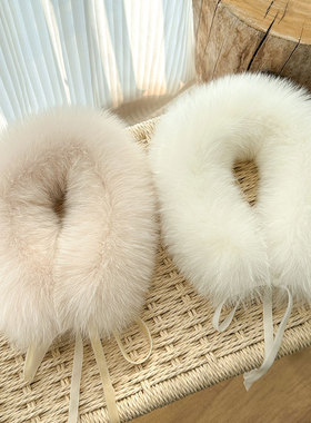 新款双面狐狸毛围巾女中式丝带皮草围脖秋冬百搭毛毛围巾保暖毛领