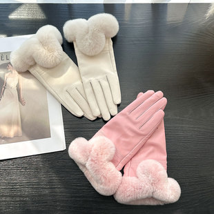 真皮手套女冬季 口羊皮真皮手套骑车加厚防寒手套 加绒保暖獭兔毛袖