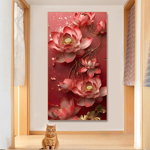 钻石画2026新款满钻金色莲花手工粘钻十字绣客厅玄关简约画中国风