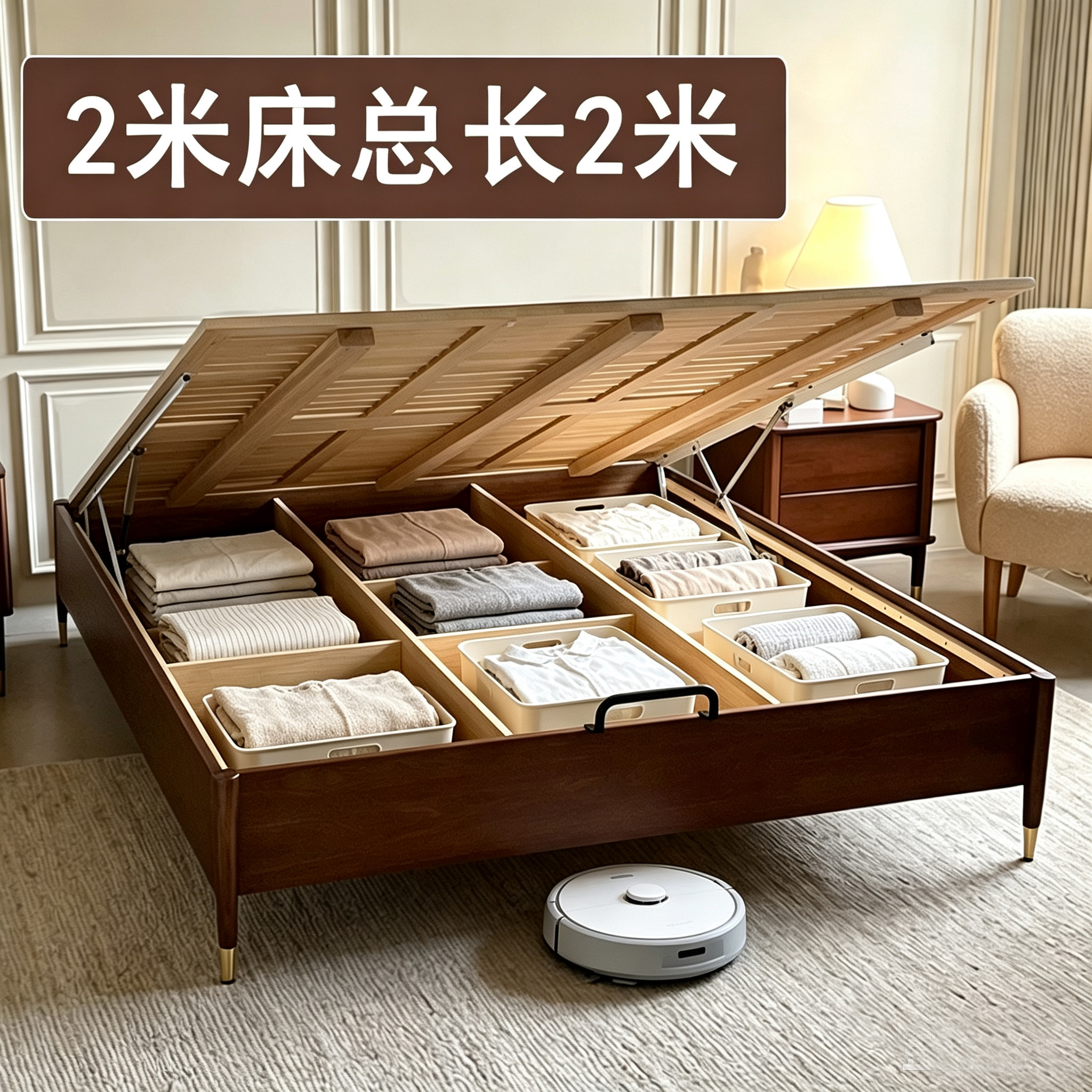 中古风白蜡木无床头齐边储物床图片