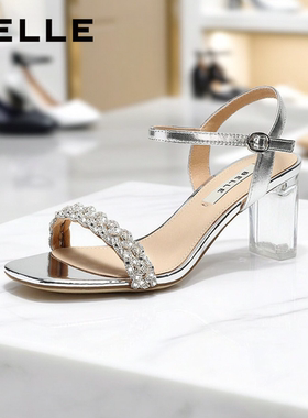 百丽闪耀水钻一字带凉鞋女26夏新商场款优雅粗高跟凉鞋F5A1 F5A1D