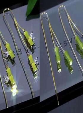 新款绿色竹节防丢耳线高档耳环女长款流苏国风耳坠设计感气质耳饰