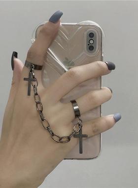 复古简约暗黑链条戒指 ins潮小众设计做旧嘻哈个性开口十字架指环