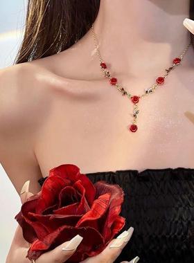 ins复古玫瑰项链套装锁骨链手链做旧红玫瑰往事Y字型链超仙送女友