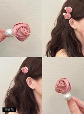 玫瑰花发夹新款紫色玫瑰发卡高级法式温柔气质珍珠花朵缎面边夹