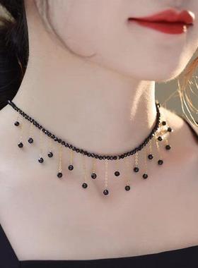 欢乐多洋气黑色水晶流苏项链女高级设计感锁骨链新款气质项饰新款