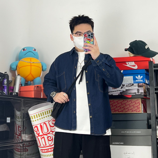 斌斌梨美式复古不规则叠层口袋牛仔衬衫宽松潮流百搭休闲长袖衬衣