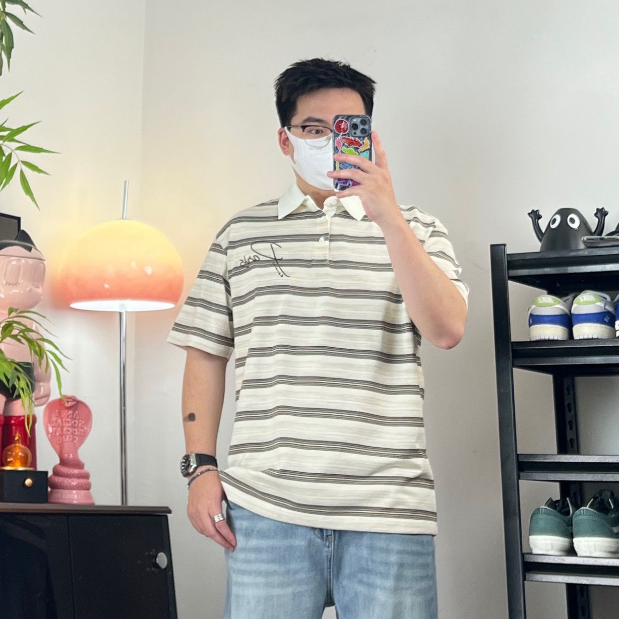 斌斌梨宽松商务休闲通勤潮流短袖体恤男日系复古条纹五分袖polo衫