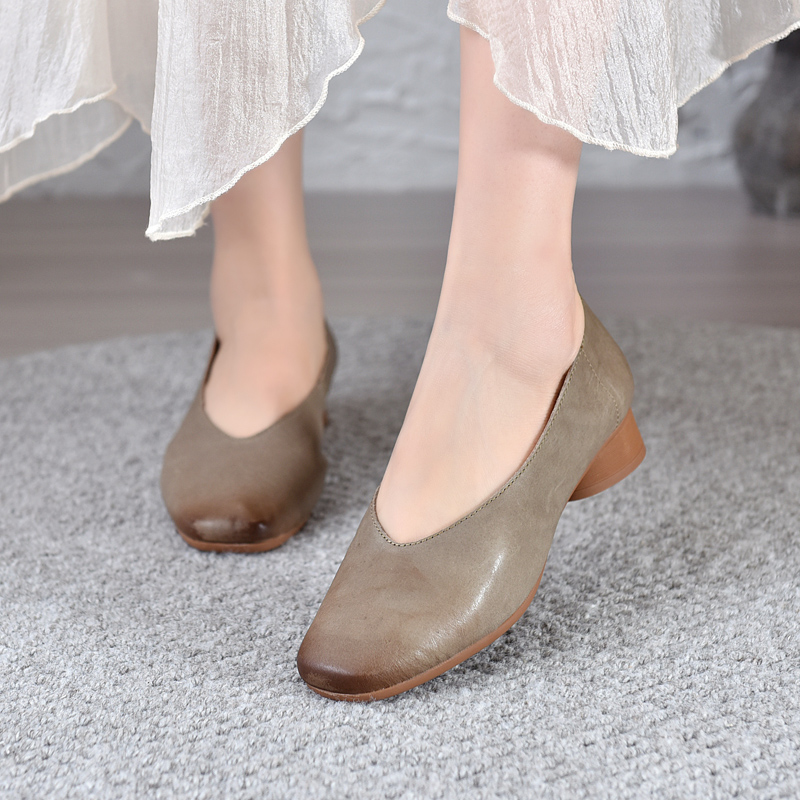 民族风80252头层牛皮橡胶软底复古单鞋圆头低底浅口舒适妈妈鞋