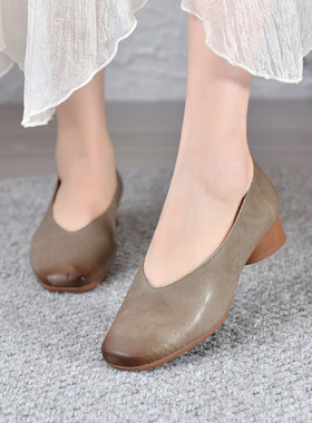 民族风80252头层牛皮橡胶软底复古单鞋圆头低底浅口舒适妈妈鞋