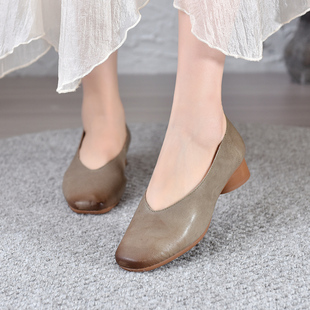 民族风80252头层牛皮橡胶软底复古单鞋圆头低底浅口舒适妈妈鞋