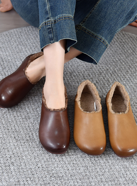 80297头层牛皮一脚蹬圆头妈妈鞋棉鞋百搭平跟软底软面舒适保暖
