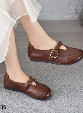 80286复古手工编织平底牛津底耐磨一脚蹬舒适女鞋