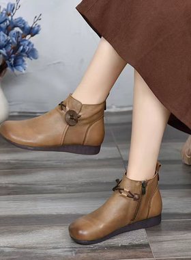 80620民族风头层牛皮牛筋软底复古圆头平底中帮女鞋舒适妈妈鞋懒