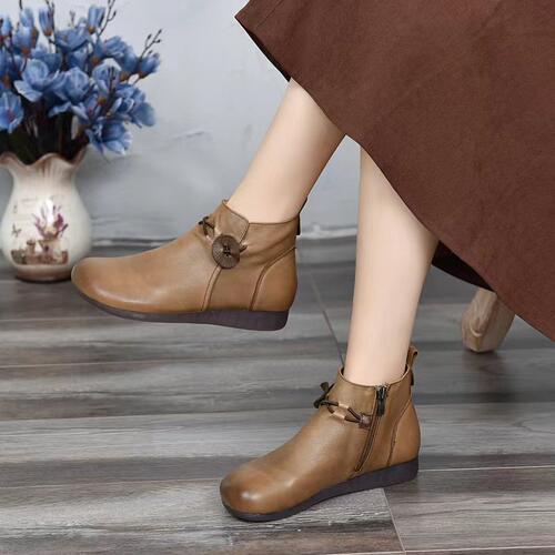 80620民族风头层牛皮牛筋软底复古圆头平底中帮女鞋舒适妈妈鞋懒