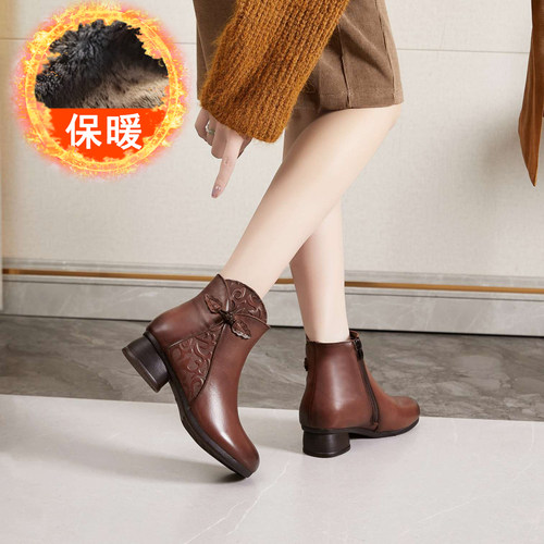 39916头层牛皮冬季加绒高跟短靴女鞋复古风3.5厘米中跟粗跟妈妈鞋