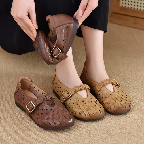 80253复古手工编织平底牛津底耐磨镂空一脚蹬舒适女鞋