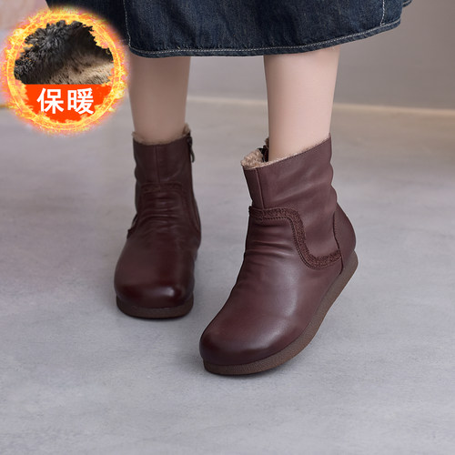 80809民族风头层牛皮牛筋软底加绒短靴圆头厚底中帮女鞋舒适女靴