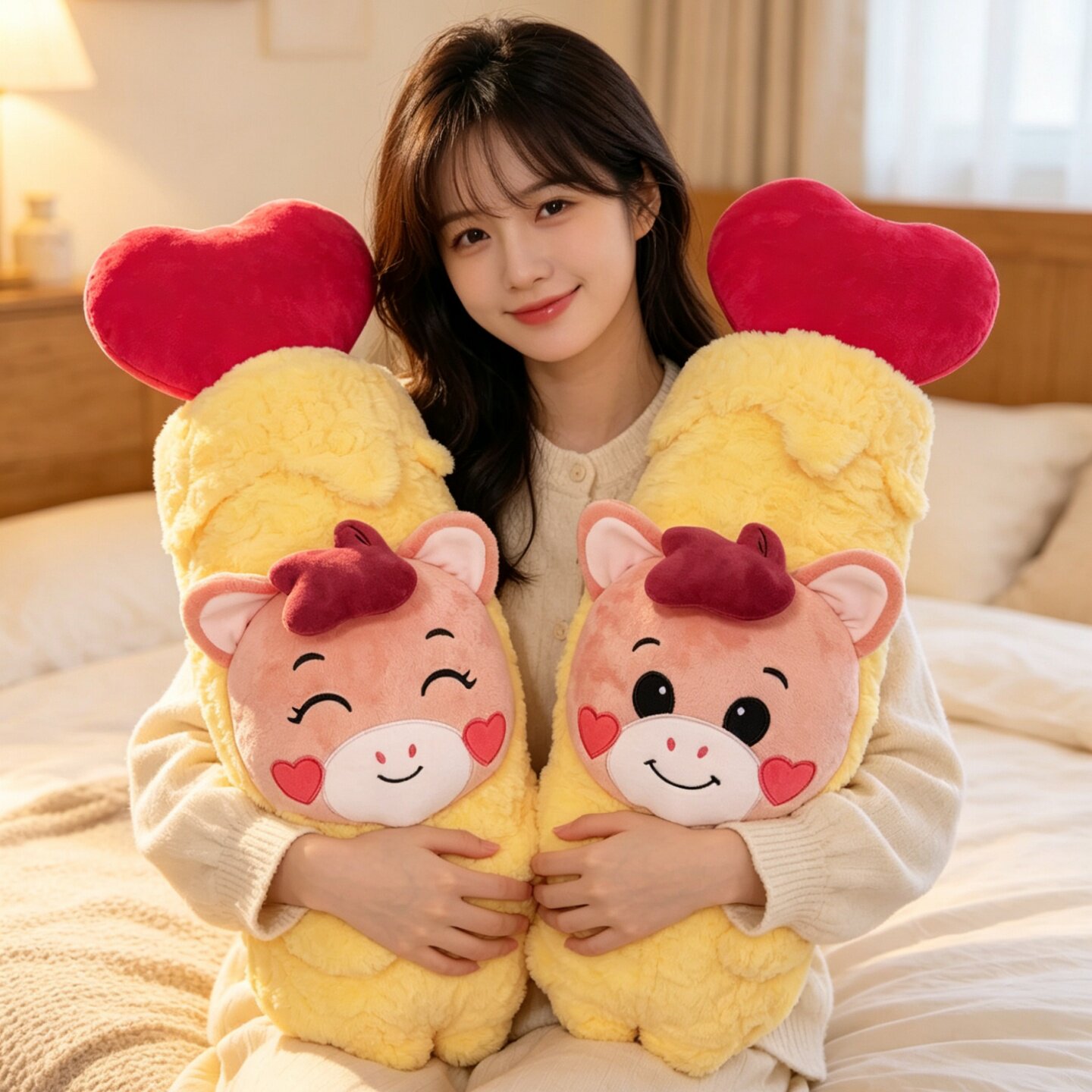 可爱卡通情侣款爱心抱枕黄色毛绒靠垫马上一对家居装饰送礼物玩偶