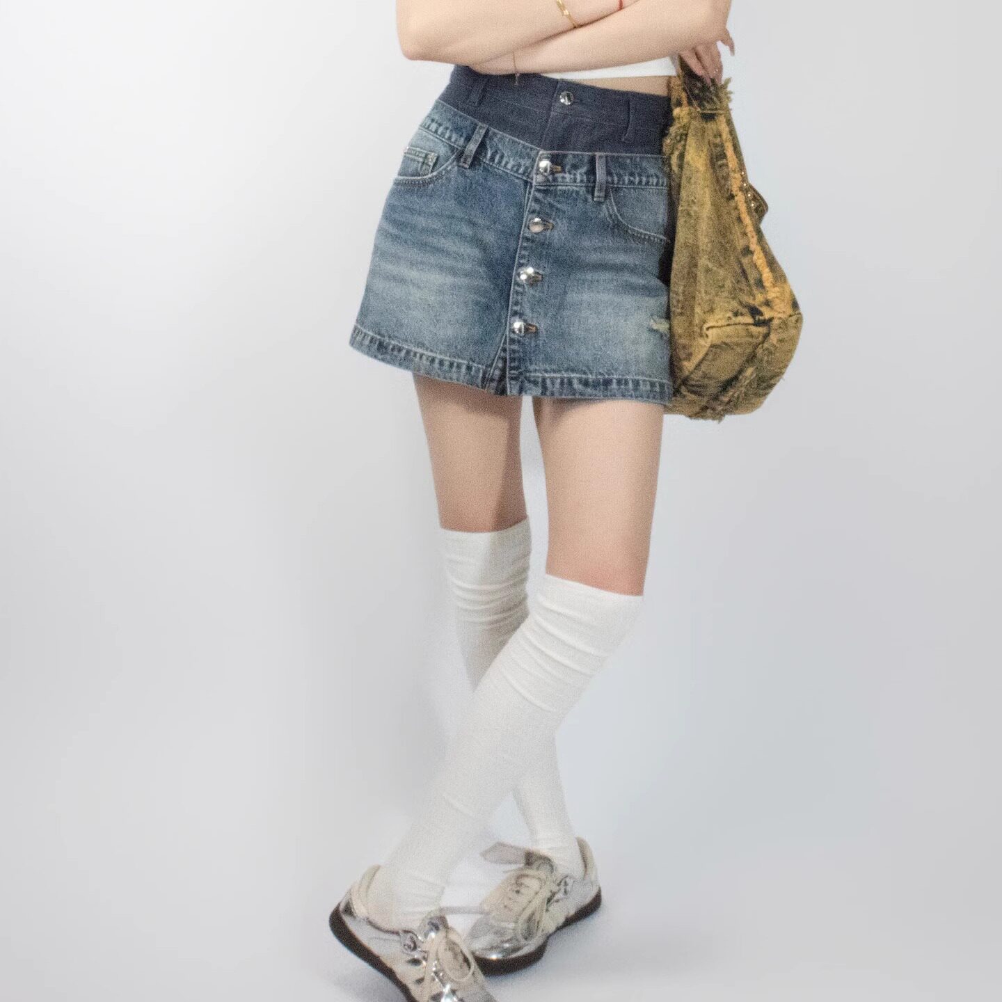 YIJIANGLAN 春夏新款牛仔半身针织拼接裙女设计感小众百搭25C1202