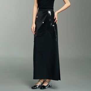 YIJIANGLAN 黑色亮片半身女设计感小众气质百搭A字长不对称8D6121