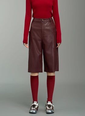 甜酷感简约风PU皮裤女高腰七分裤