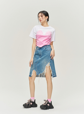 依江斓YIJIANGLAN春夏2024新款牛仔半身裙破洞毛边水洗YJL24C1008