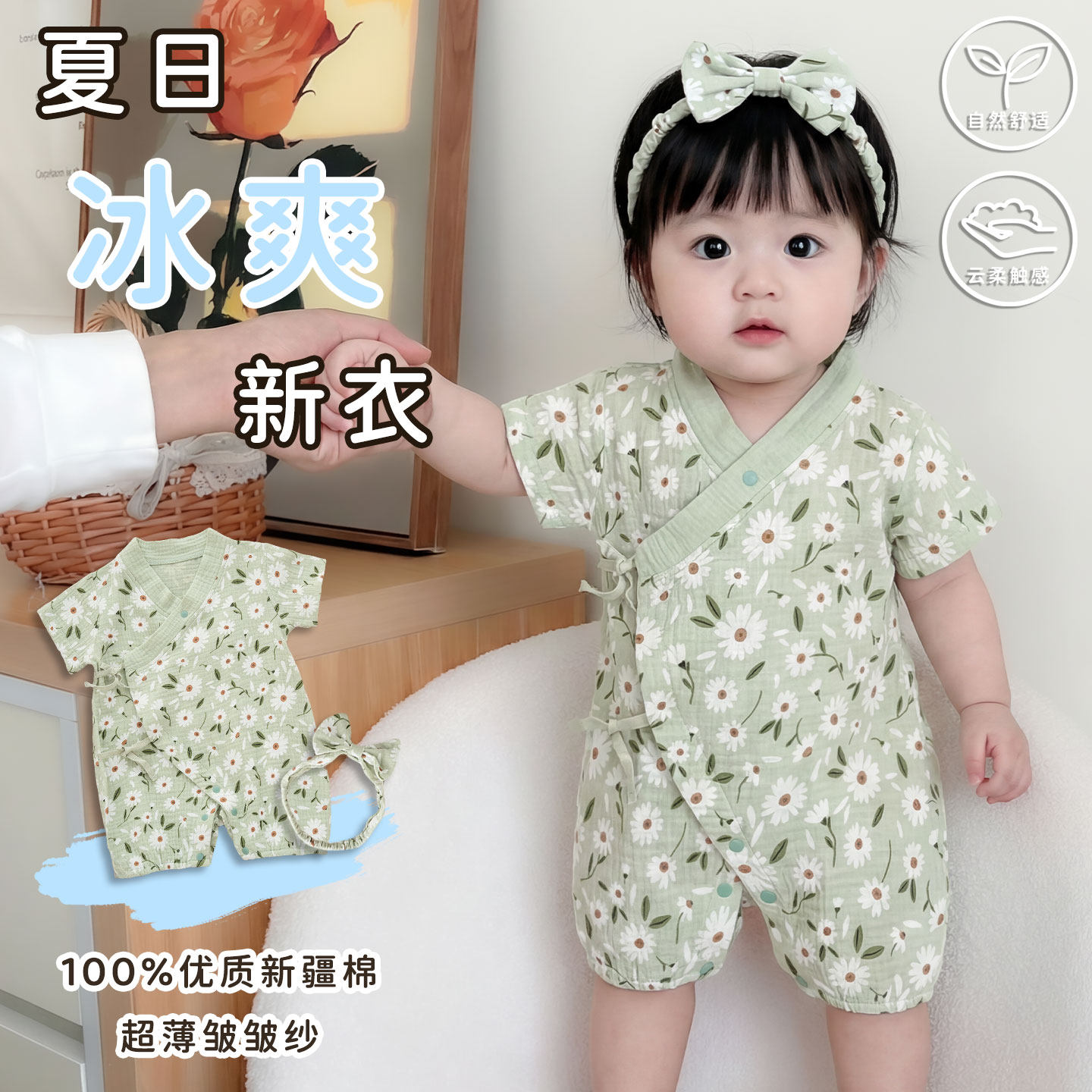 婴儿夏季连体衣短袖短裤纱布宝宝夏天衣服纯棉A类双层护肚空调服