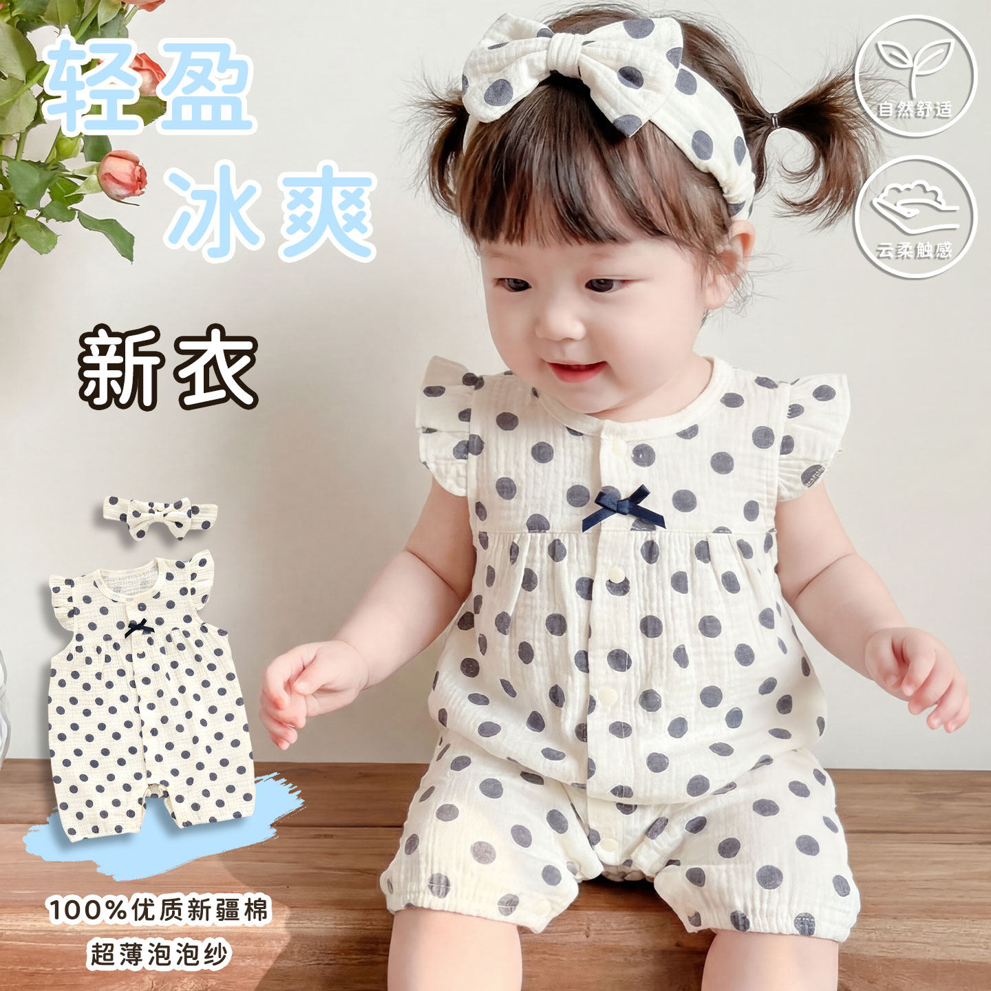 女宝宝夏薄洋气小月龄多巴胺穿搭纯棉纱布婴幼儿百天满月连体衣服