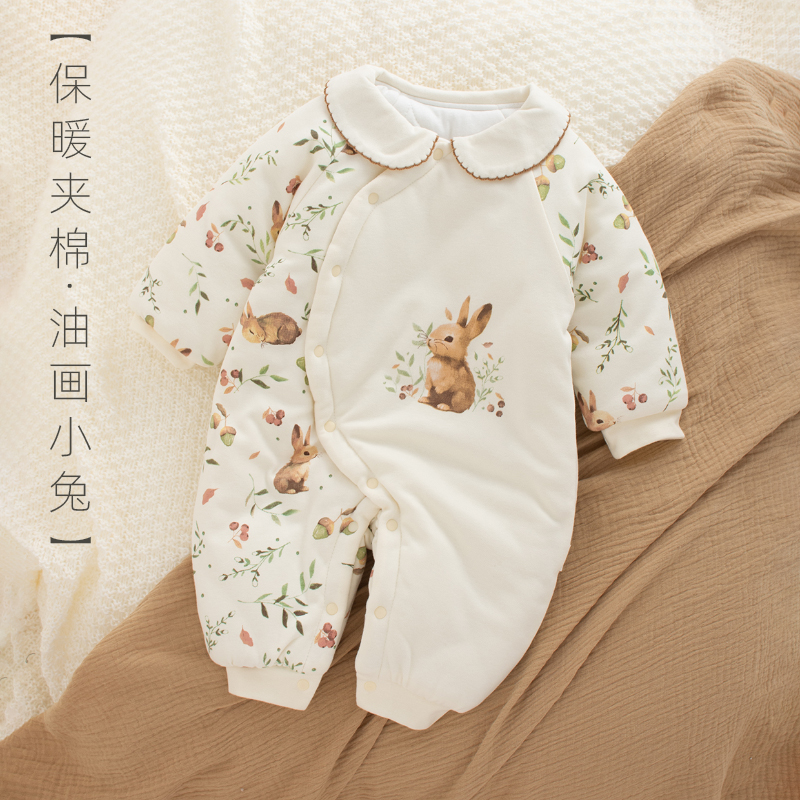 油画小兔婴儿A类加厚夹棉连体衣
