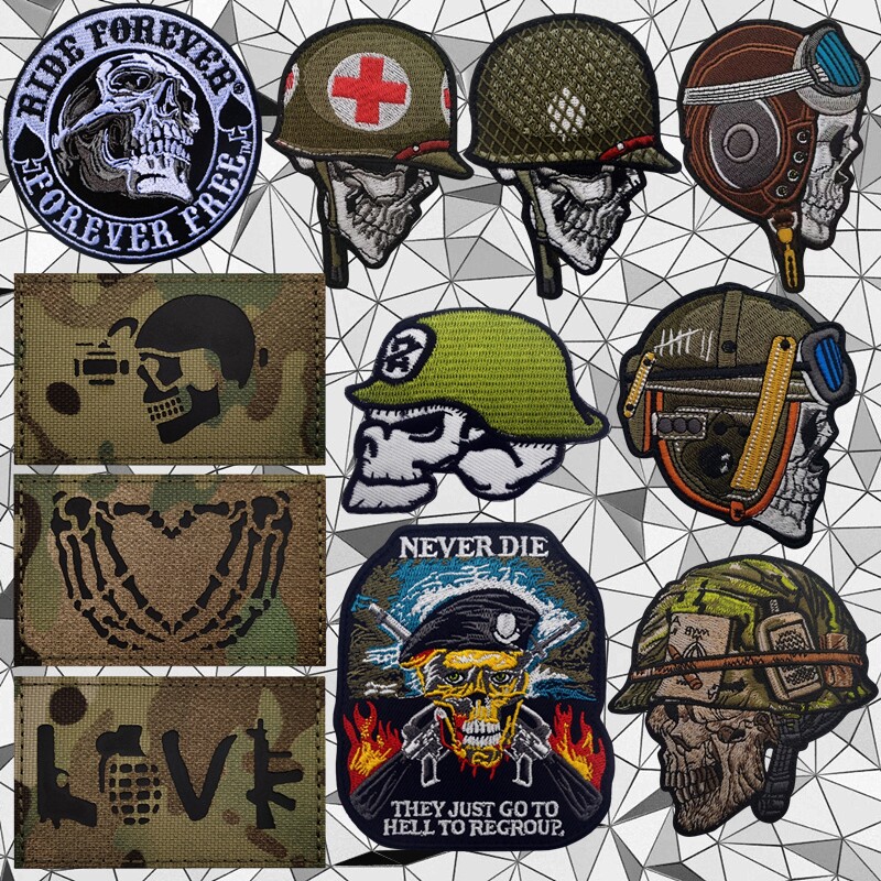 军事刺绣魔术贴徽章骷髅头士兵士气章飞行员士气章坦克技术员臂章