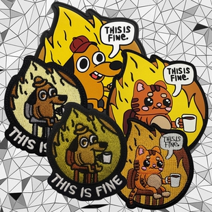 卡通猫狗士气章 橡胶徽章 淡定喝茶魔术贴臂章This is fine背包贴