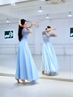 仙瑶夏辉同款720度古典舞蹈裙双层大摆裙梦底中国舞蓝白色半身裙