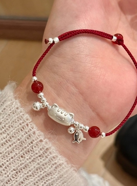 足银999纯银小鱼法棍猫手链女