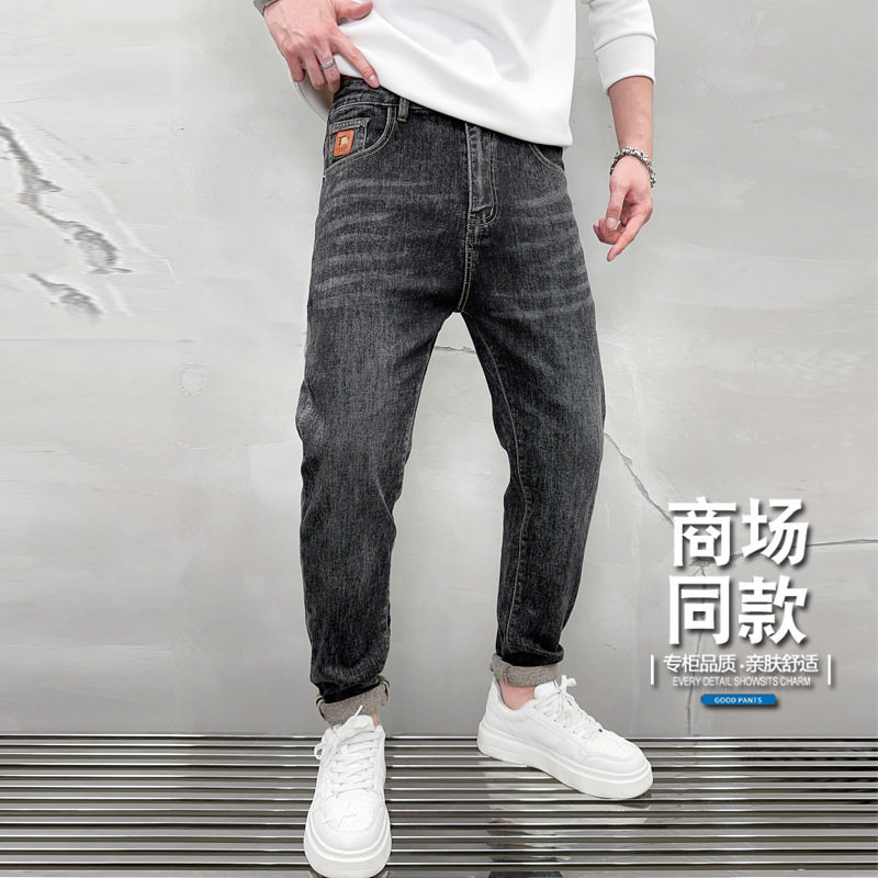 秋冬季厚款男士牛仔裤小直筒修身男裤弹力休闲韩版黑色休闲长裤子