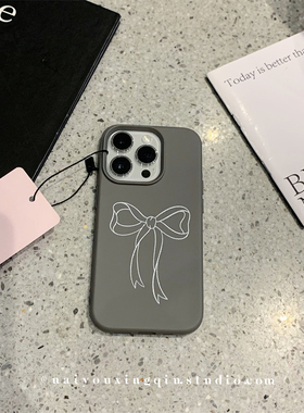小众ins简约灰色蝴蝶结适用iphone17ProMax苹果16手机壳14皮纹15女13