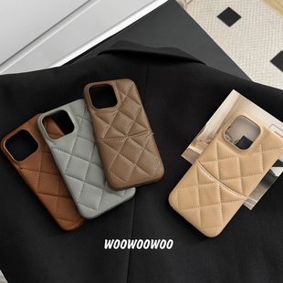 高级感小香风菱格皮质美拉德适用iphone17ProMax苹果16手机壳14复古纯色插卡包15女13