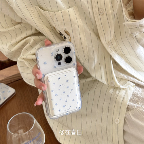 韩系ins蓝色泼墨花朵磁吸支架适用iphone17ProMax苹果16手机壳14小众15女13插卡包