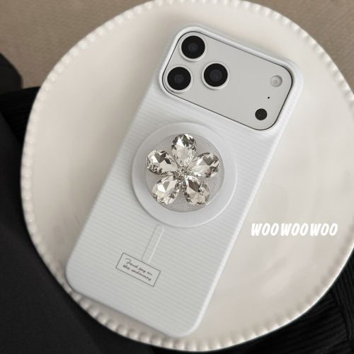 小众韩系ins白色条纹磁吸手机壳水钻花朵支架适用iphone17ProMax苹果16手机壳14新款15女13菲林硬壳