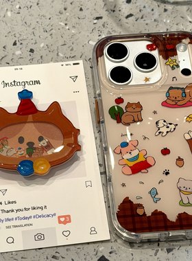 萌系格纹拼接耳机猫咪小狗摇摇乐支架适用苹果17ProMax手机壳iPhone16pro全包15少女心14Promax保护套13双层