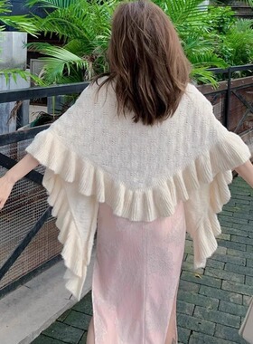 三角中式旗袍披肩斗篷贵妇针织春秋荷叶边风搭肩小香风民族风百搭