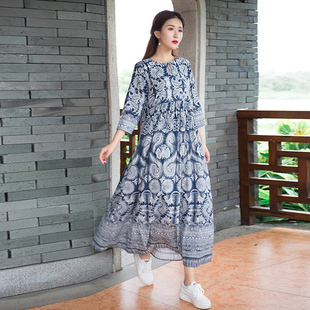 丽萍直播棉麻连衣裙古印花盘扣五分袖夏季新款女花色显瘦长裙风