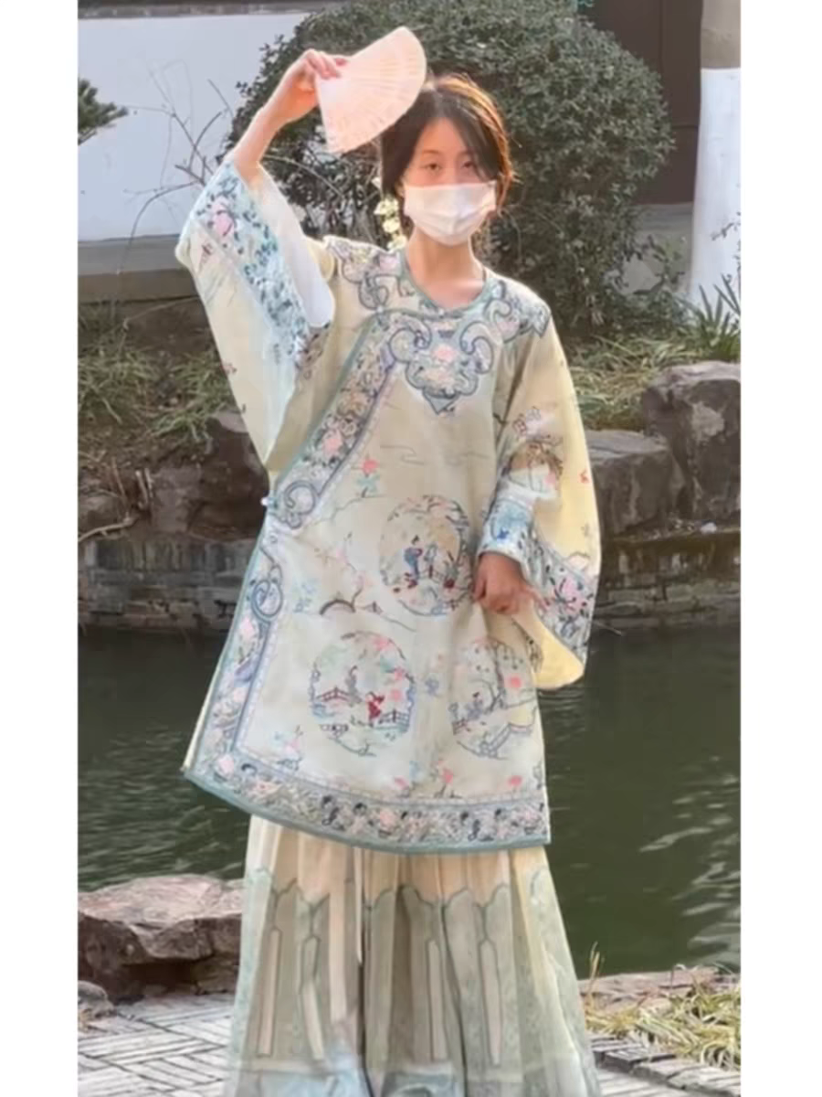 两件套新款新中式淡蓝格服复古晚清少奶奶民国印花百褶裙汉服春夏