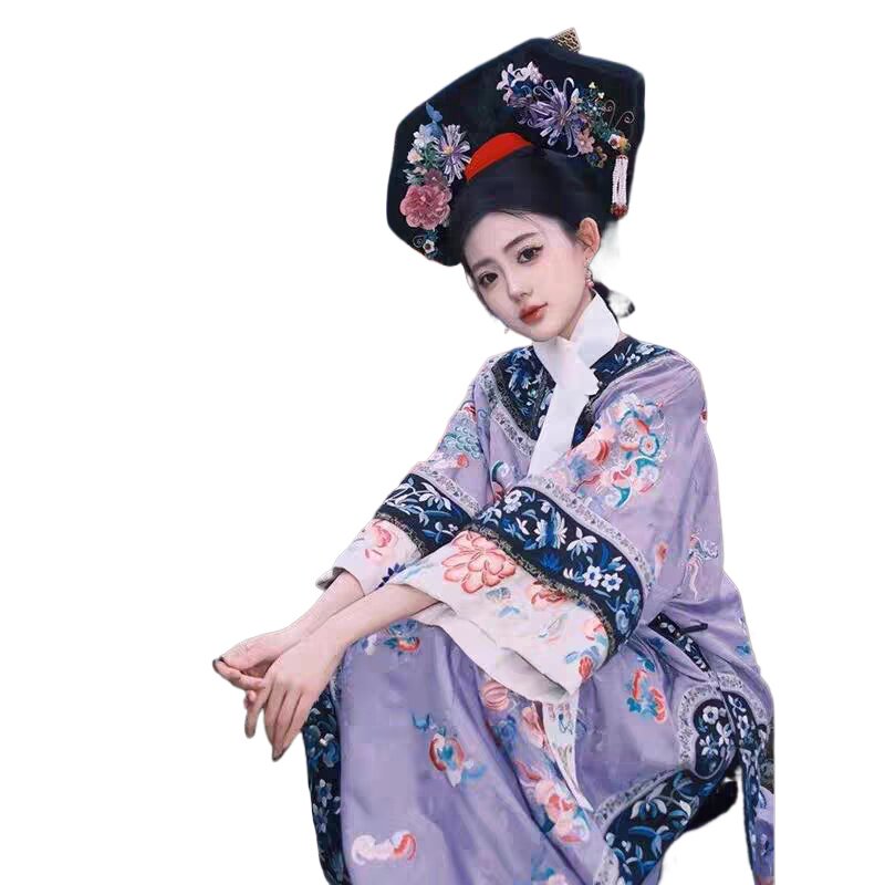 重工女童刺绣女清代紫格服装清朝宫廷风旗装园服旅拍写真摄影服