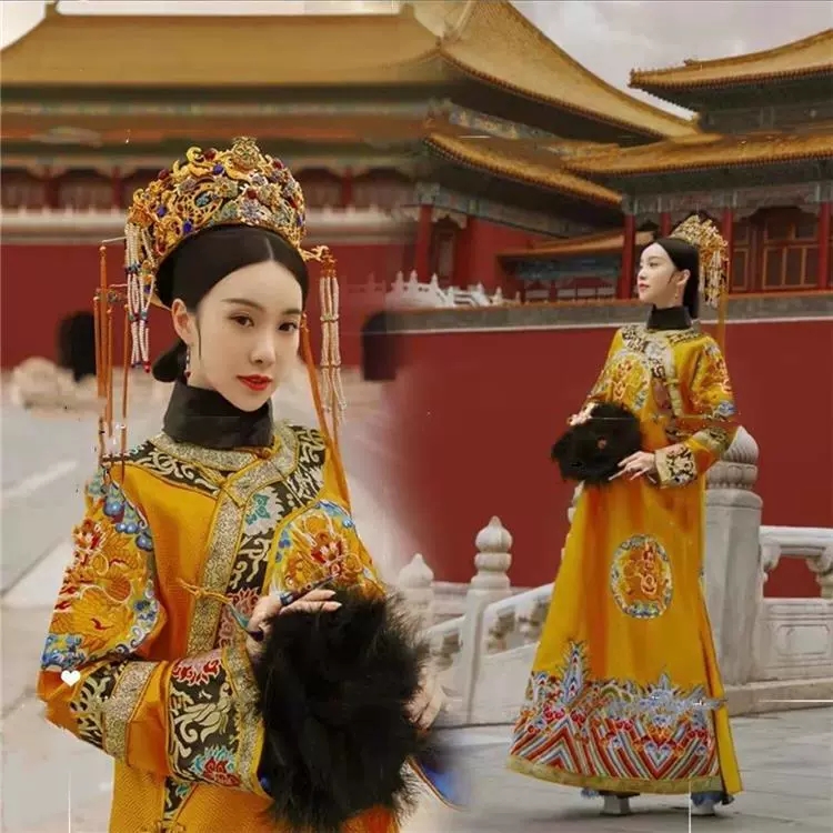 清代女清朝格格服重工氅衣印花旗装旗中国汉服宫廷古装连衣裙